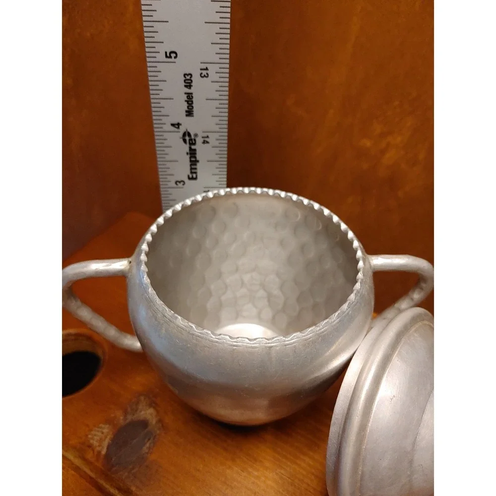Vintage Mid Century Hammered Aluminum Sugar Bowl & Lid with Knob Handle Unique